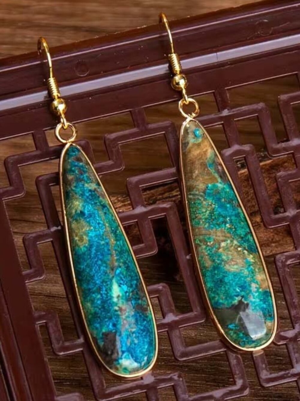 LONG TURQUOISE STONE TEARDROPS W/ GOLDEN TRIM EARRINGS 70